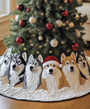 Husky Row On Snow Swirl Holiday Tree Skirt — Handmade Winter Dog Theme Christmas Tree Skirt, Custom Sizes Available