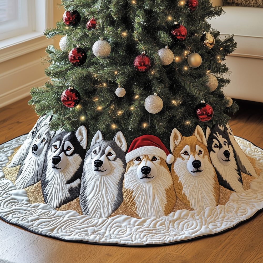 Husky Row On Snow Swirl Holiday Tree Skirt — Handmade Winter Dog Theme Christmas Tree Skirt, Custom Sizes Available