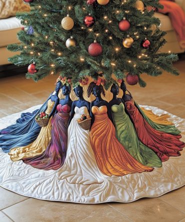 White Flowing Gowns Tree Skirt — Elegant Made-To-Order Christmas Skirt Featuring Women In Graceful Gowns For Refined Holiday Decor