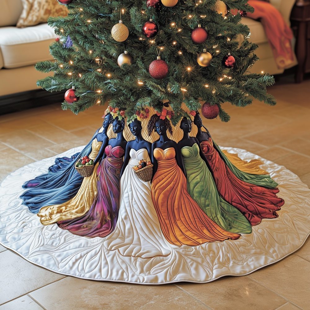 White Flowing Gowns Tree Skirt — Elegant Made-To-Order Christmas Skirt Featuring Women In Graceful Gowns For Refined Holiday Decor