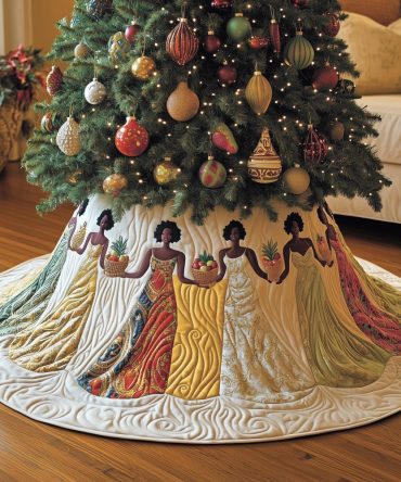 Cream & Gold Gown Holiday Tree Skirt — Luxurious Made-To-Order Christmas Skirt With Elegant Women Silhouettes And Metallic Accents