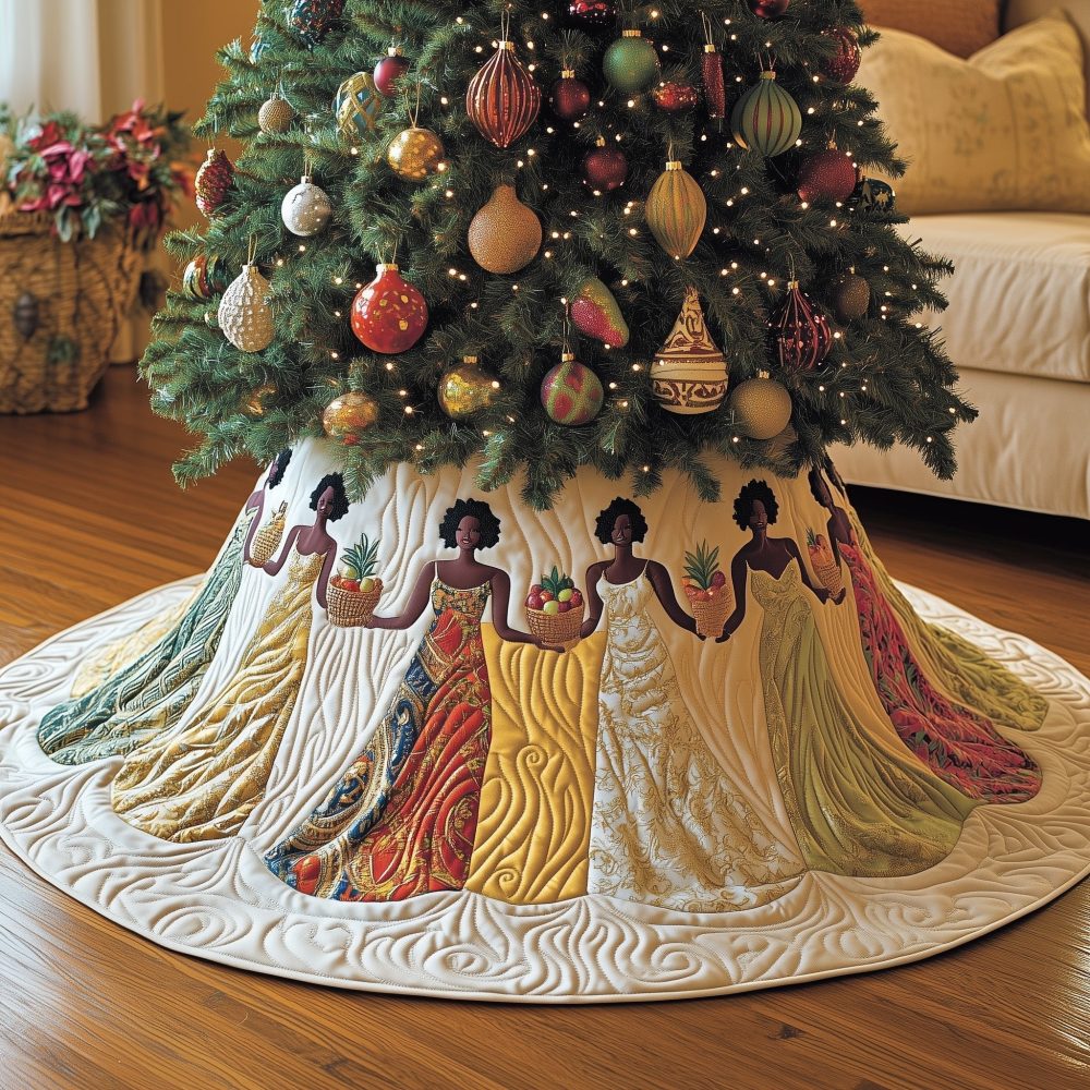 Cream & Gold Gown Holiday Tree Skirt — Luxurious Made-To-Order Christmas Skirt With Elegant Women Silhouettes And Metallic Accents