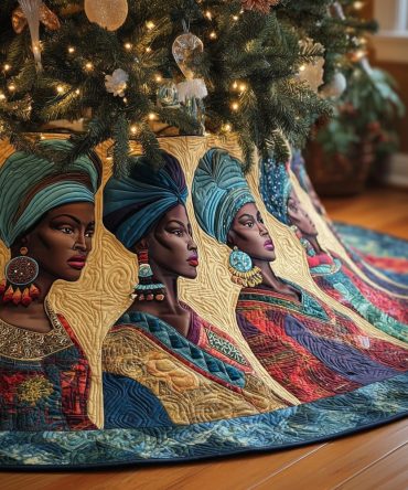 Headwrap & Hoop Earring Holiday Tree Skirt — Custom Made Vibrant Christmas Skirt Featuring Stylish Women Silhouettes