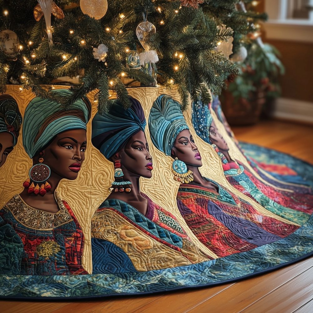 Headwrap & Hoop Earring Holiday Tree Skirt — Custom Made Vibrant Christmas Skirt Featuring Stylish Women Silhouettes