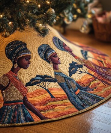 African Women Silhouette At Sunset Tree Skirt With Acacia Motif — Handmade Cultural Holiday Décor, Custom Sizes