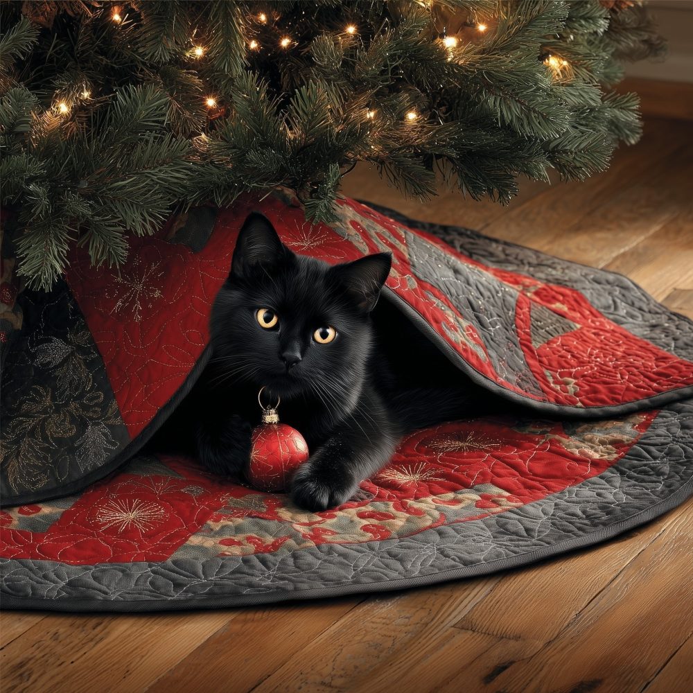 Black Cat With Red Ornament Holiday Tree Skirt — Handcrafted Festive Cat-Themed Christmas Décor, Personalized Sizes