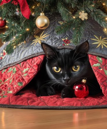 Red Poinsettia Quilt Tree Skirt Featuring Black Cat Silhouette — Handmade Festive Décor, Custom Fit & Trim Choices
