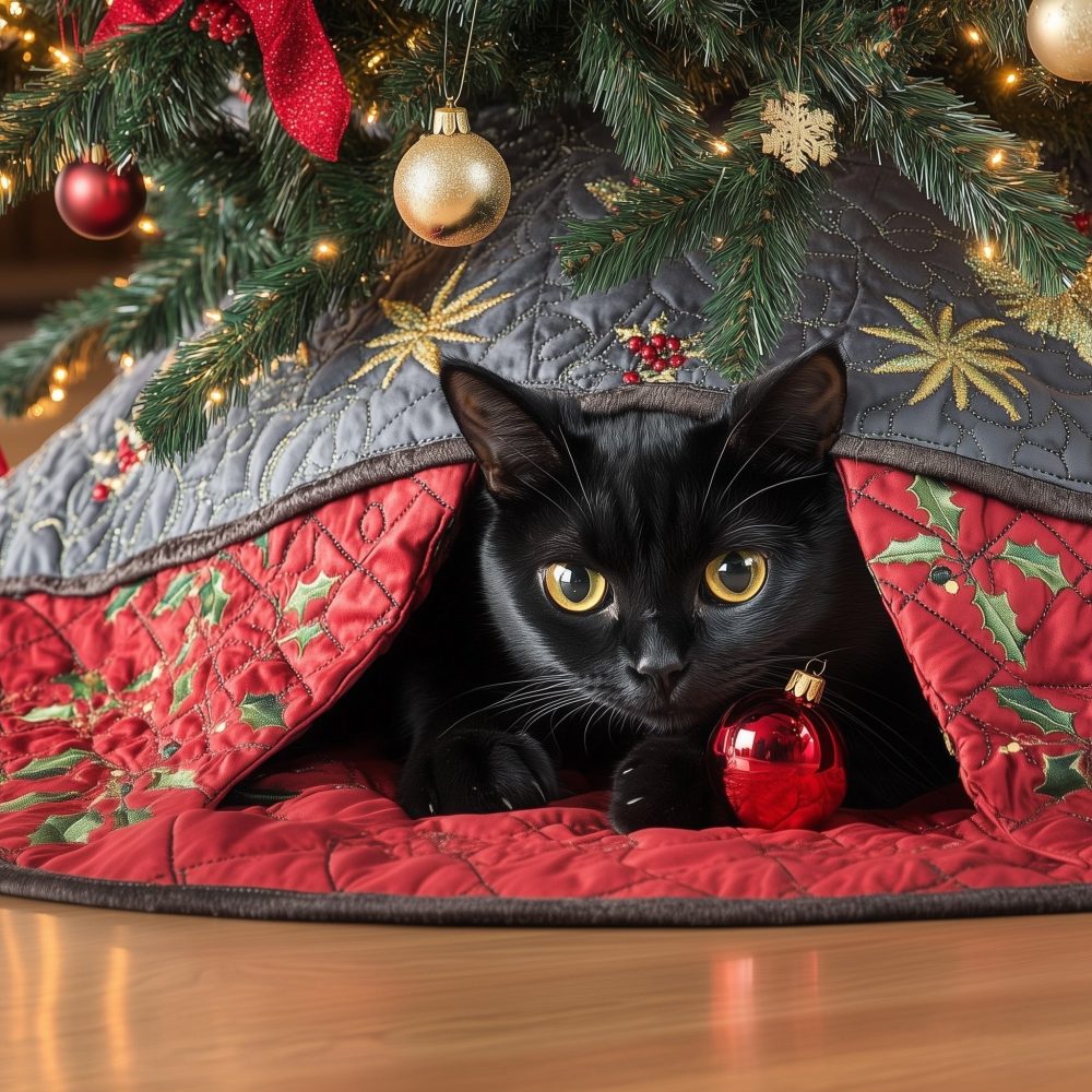 Red Poinsettia Quilt Tree Skirt Featuring Black Cat Silhouette — Handmade Festive Décor, Custom Fit & Trim Choices