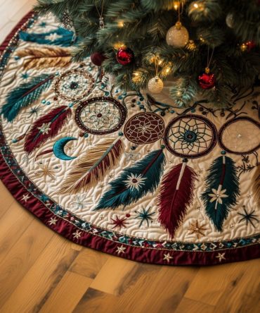 Cream Dreamcatcher Quilted Tree Skirt With Feather Motifs — Handmade Cozy Holiday Base, Custom Sizes Available