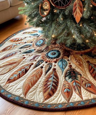 White Dreamcatcher & Feather Christmas Tree Skirt — Elegant Handmade Holiday Base, Custom Fit For Any Tree