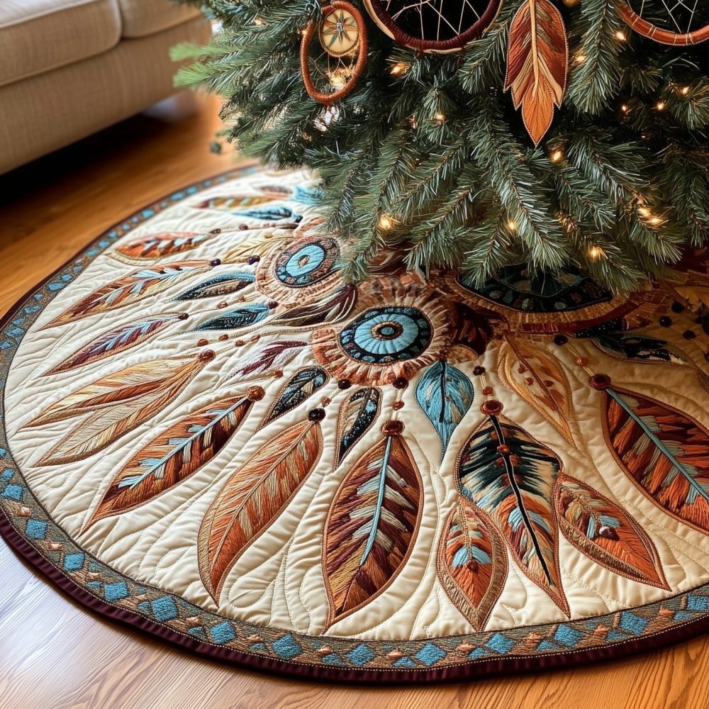 White Dreamcatcher & Feather Christmas Tree Skirt — Elegant Handmade Holiday Base, Custom Fit For Any Tree