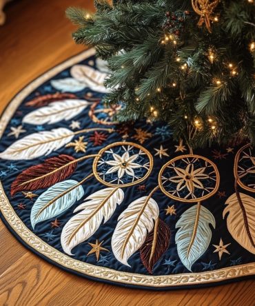Navy Dreamcatcher Christmas Tree Skirt With Feather Accents — Handmade Quilted Boho Holiday Décor, Custom Sizes