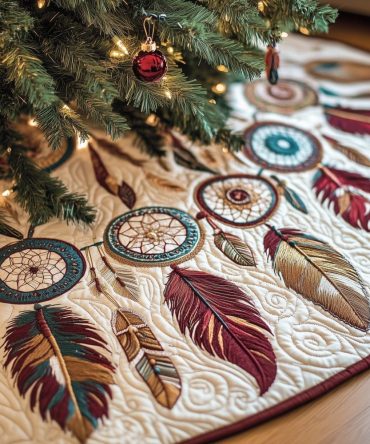 Red Feather Dreamcatcher Christmas Tree Skirt — Handmade Boho Holiday Accent, Personalized Sizes & Trim Options