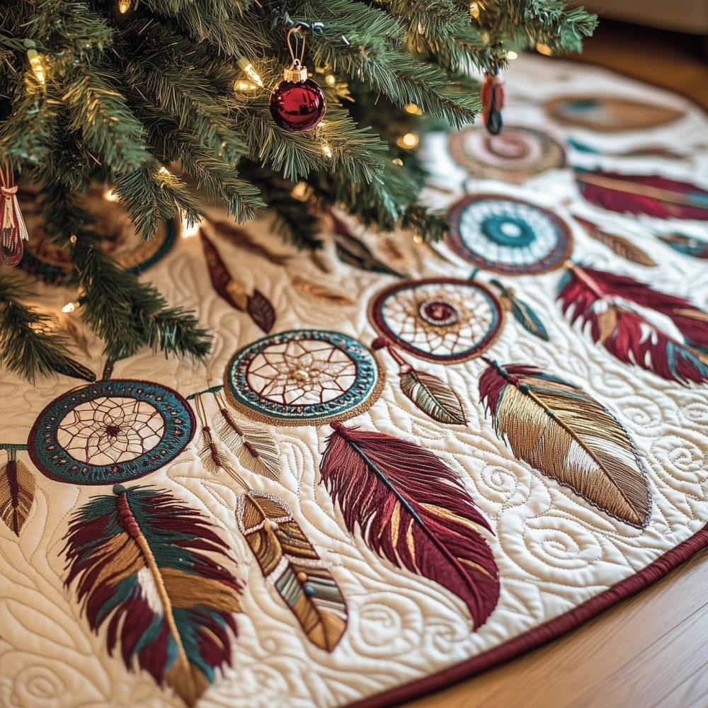 Red Feather Dreamcatcher Christmas Tree Skirt — Handmade Boho Holiday Accent, Personalized Sizes & Trim Options
