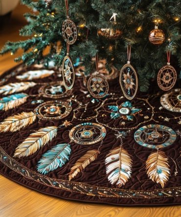 Handcrafted Dark Brown Quilt Tree Skirt With Dreamcatcher Motifs — Boho Holiday Décor, Custom Sizes & Finishes