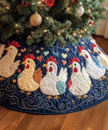 Navy Rooster & Hen Quilted Christmas Tree Skirt — Rustic Farmhouse Holiday Accent, Made-To-Order Custom Sizes