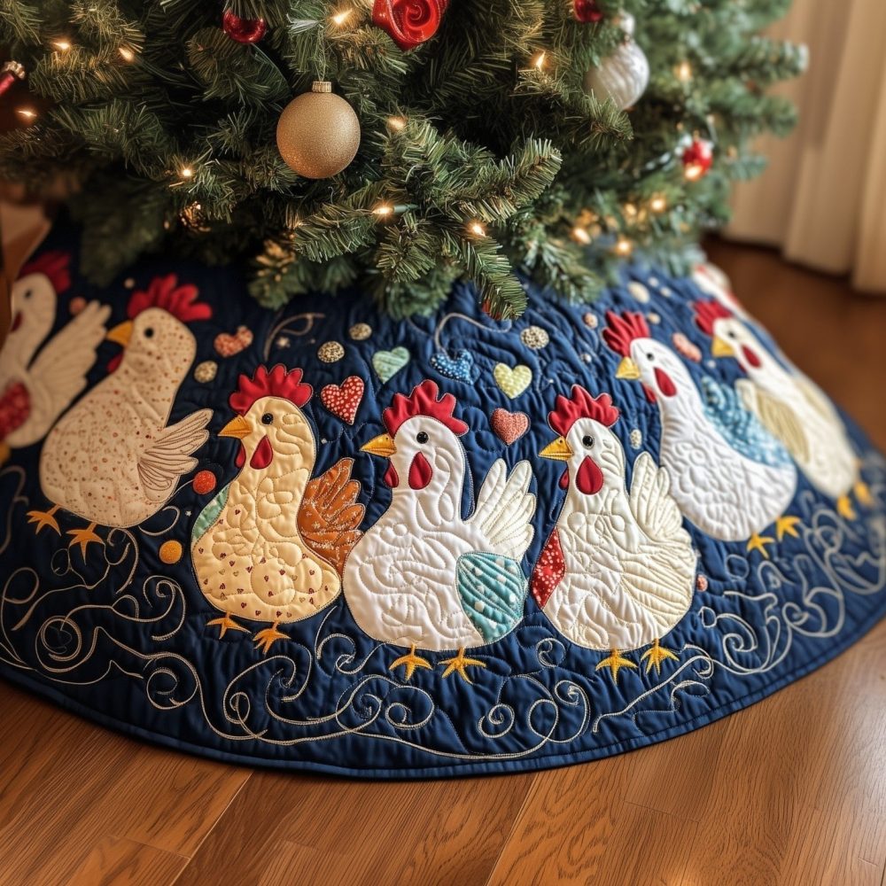 Navy Rooster & Hen Quilted Christmas Tree Skirt — Rustic Farmhouse Holiday Accent, Made-To-Order Custom Sizes