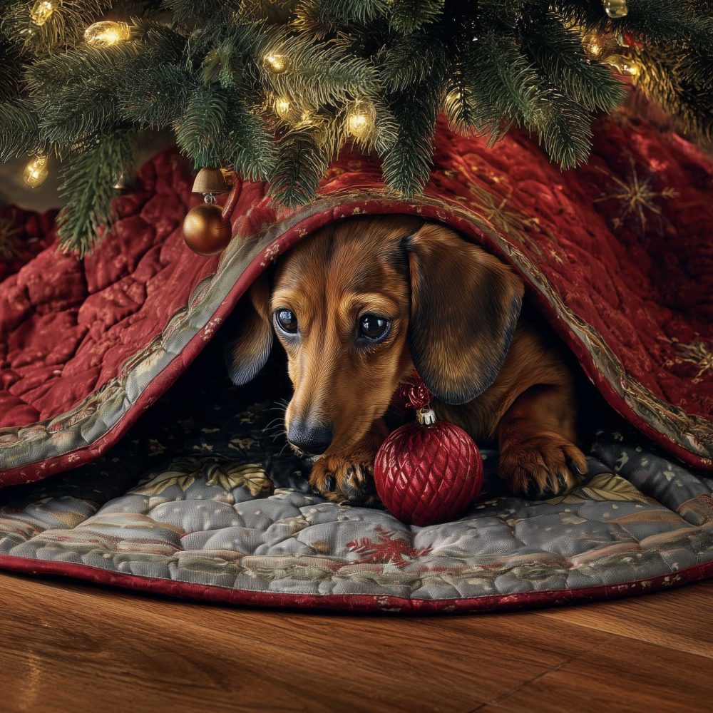 Personalized Dachshund Holiday Tree Skirt With Red Ornament Accent — Handmade Christmas Décor For Dog Lovers, Custom Size