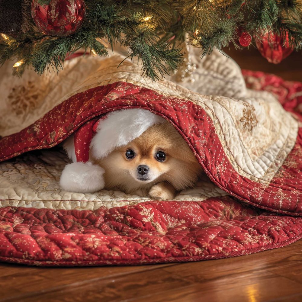 Peekaboo Pomeranian Red Quilt Christmas Tree Skirt — Custom Pet-Themed Holiday Skirt, Made-To-Order Gift