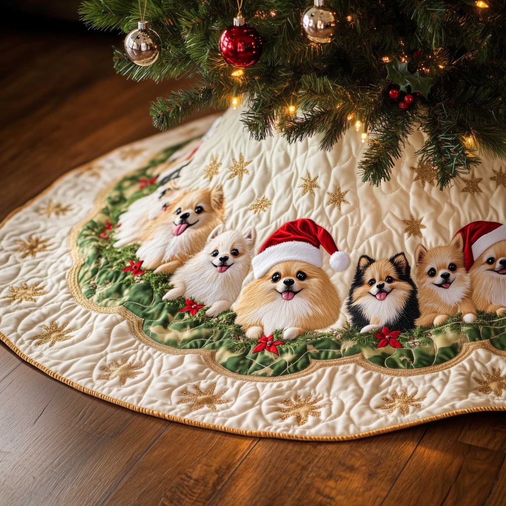 Holiday Pomeranian Christmas Tree Skirt With Santa Hats & Holly Accents — Custom Made Dog-Lover Seasonal Décor