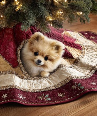 Snowflake Quilt Christmas Tree Skirt Featuring Fluffy Pomeranian — Custom Holiday Décor For Pet Lovers, Made-To-Order