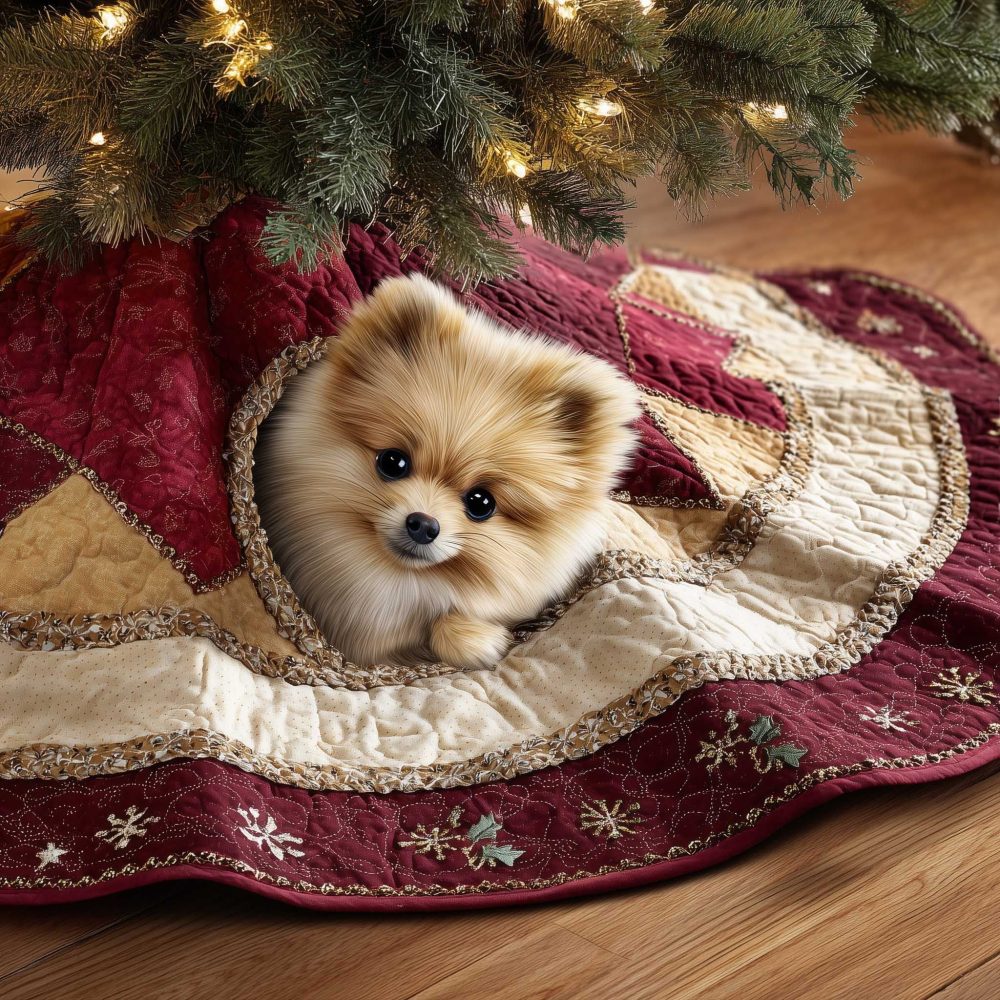 Snowflake Quilt Christmas Tree Skirt Featuring Fluffy Pomeranian — Custom Holiday Décor For Pet Lovers, Made-To-Order