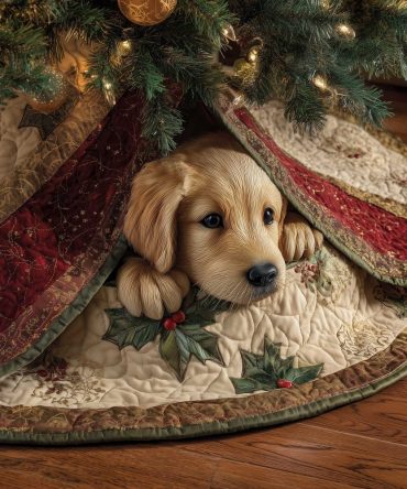 Golden Puppy On Cream With Holly Christmas Tree Skirt - Custom Made Classic Holiday Tree Collar For Dog Fans