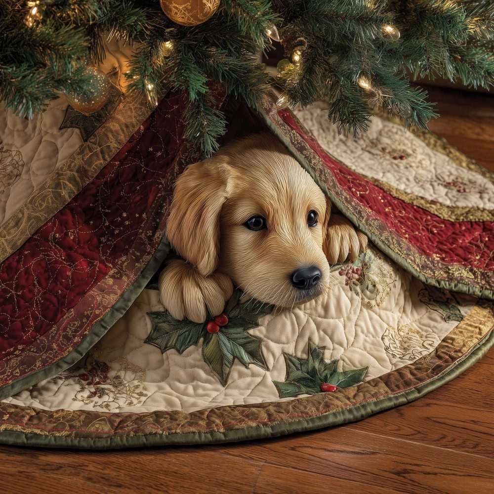 Golden Puppy On Cream With Holly Christmas Tree Skirt - Custom Made Classic Holiday Tree Collar For Dog Fans