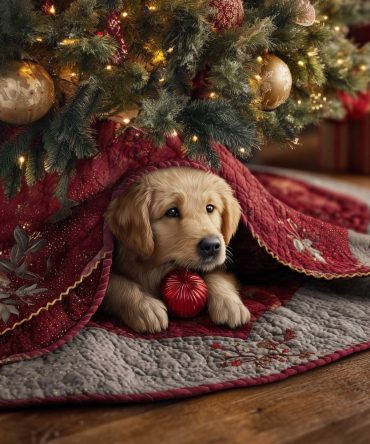 Golden Puppy Under Red Blanket Christmas Tree Skirt - Custom Made Cozy Holiday Tree Collar For Dog Lovers