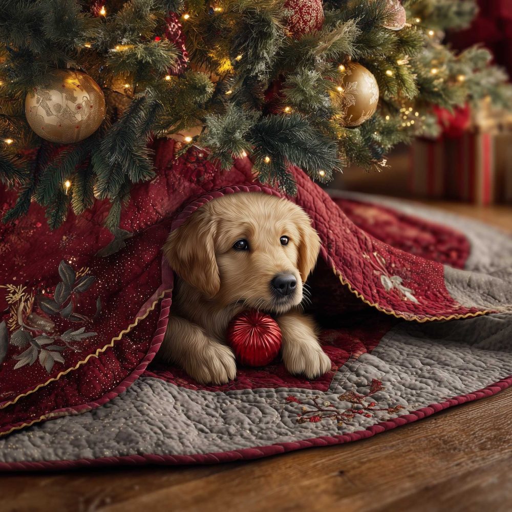 Golden Puppy Under Red Blanket Christmas Tree Skirt - Custom Made Cozy Holiday Tree Collar For Dog Lovers