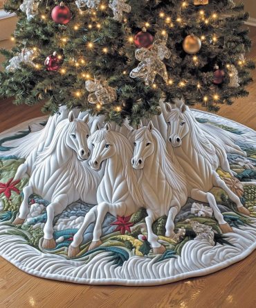 Ivory Quilted Christmas Tree Skirt With White Horse Motifs — Handmade Elegant Equestrian Holiday Base, Custom Sizes & Premium Finish