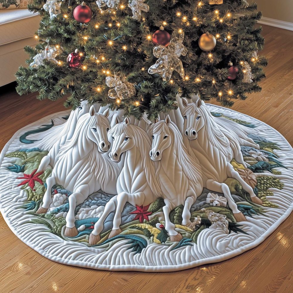 Ivory Quilted Christmas Tree Skirt With White Horse Motifs — Handmade Elegant Equestrian Holiday Base, Custom Sizes & Premium Finish
