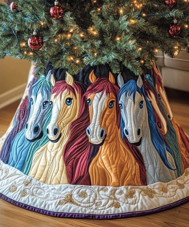 Colorful Stylized Horse Head Row Christmas Tree Skirt — Handmade Modern Equestrian Holiday Accent, Customizable Sizes & Colorways
