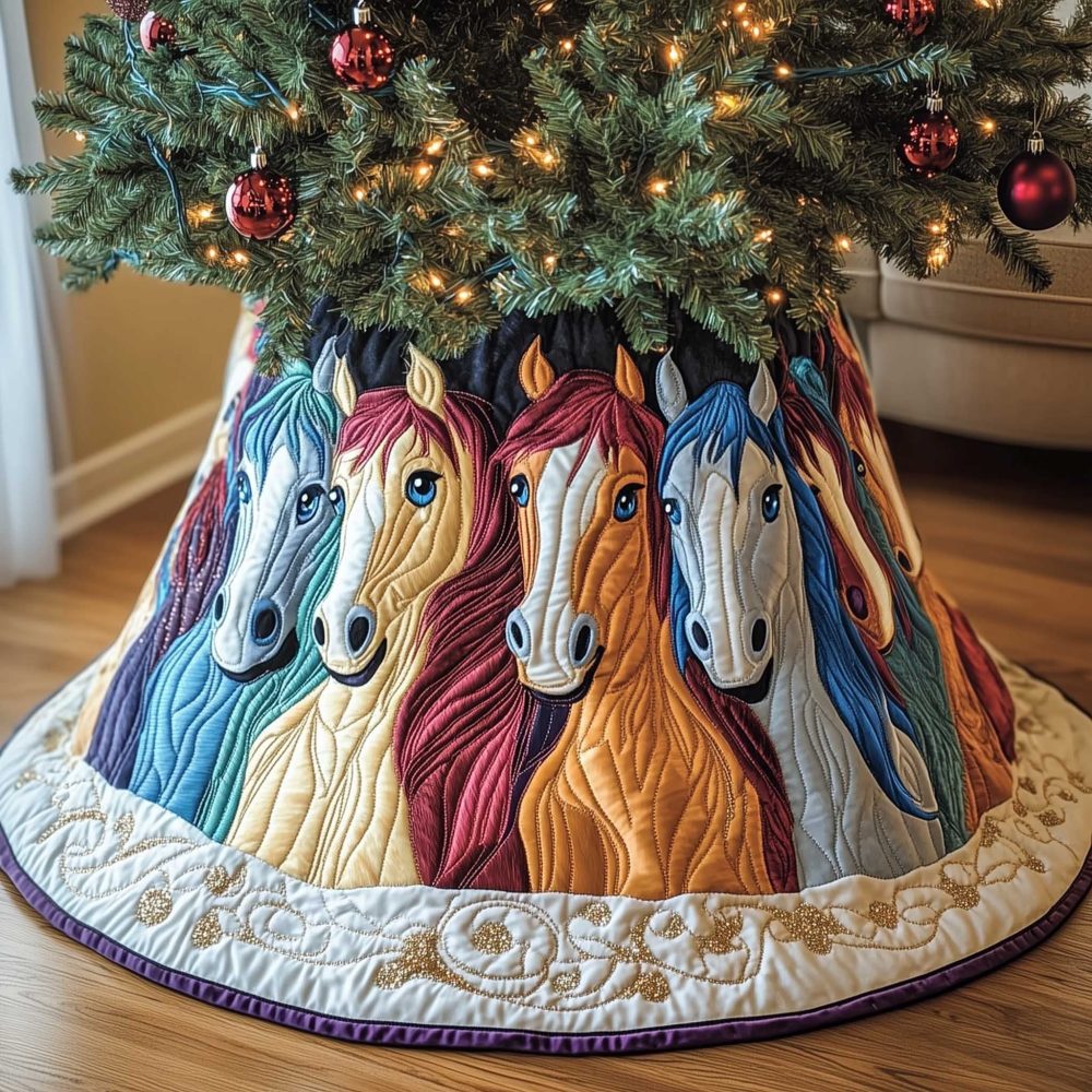 Colorful Stylized Horse Head Row Christmas Tree Skirt — Handmade Modern Equestrian Holiday Accent, Customizable Sizes & Colorways
