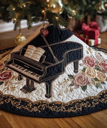 Sheet Music Grand Piano Christmas Tree Skirt — Handcrafted Musical Score Holiday Skirt, Premium Quilted Concert Decor