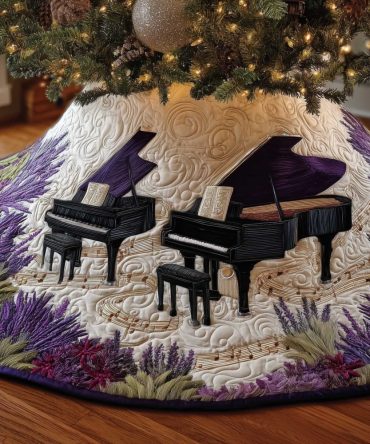 Lavender Grand Piano Christmas Tree Skirt — Floral Musical Holiday Skirt With Pianos, Handcrafted Keepsake Decor