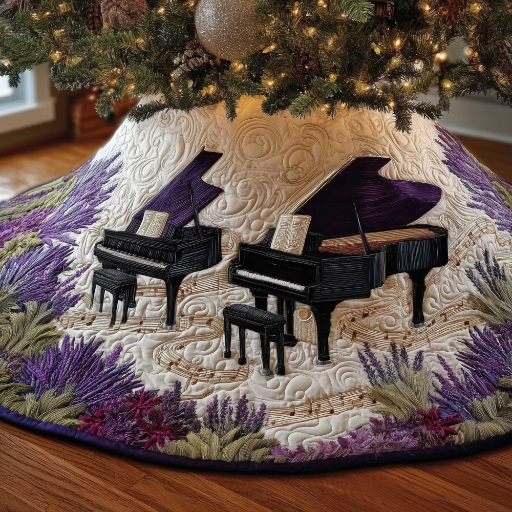 Lavender Grand Piano Christmas Tree Skirt — Floral Musical Holiday Skirt With Pianos, Handcrafted Keepsake Decor