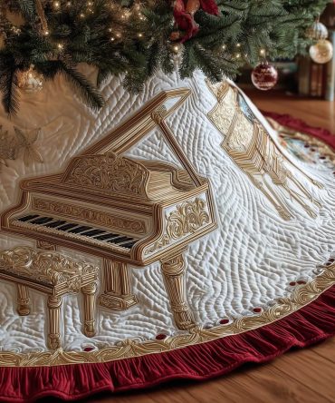 Ivory Piano Quilted Christmas Tree Skirt — Elegant Cream Musical Holiday Skirt, Handmade Luxury Gift For Musicians
