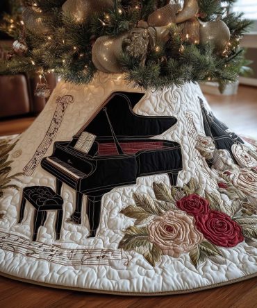 Black Grand Piano & Red Roses Christmas Tree Skirt — Dramatic Floral Musical Quilted Skirt, Handcrafted Holiday Statement