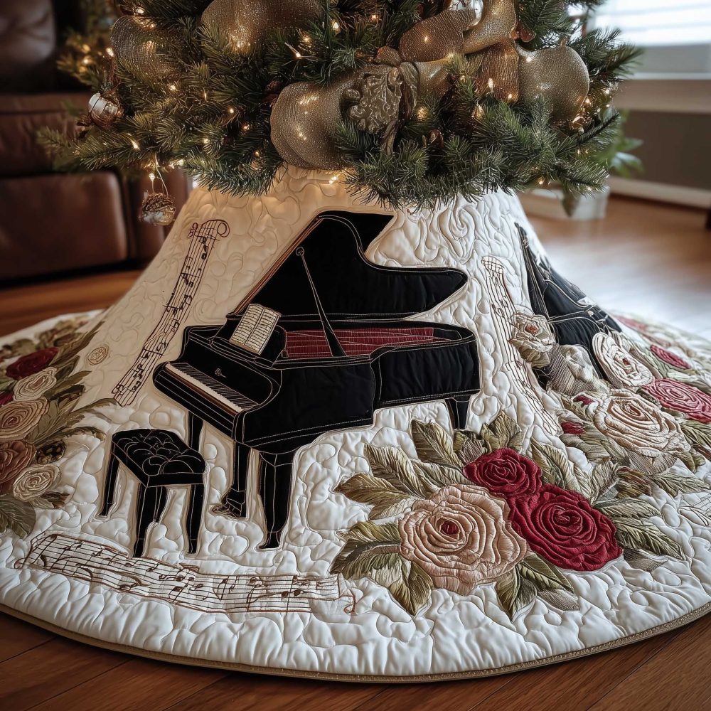 Black Grand Piano & Red Roses Christmas Tree Skirt — Dramatic Floral Musical Quilted Skirt, Handcrafted Holiday Statement