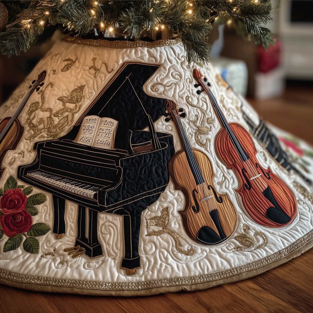 Musical Instrument Christmas Tree Skirt — Piano, Violin & Cello Holiday Skirt, Handcrafted Concert-Theme Home Decor