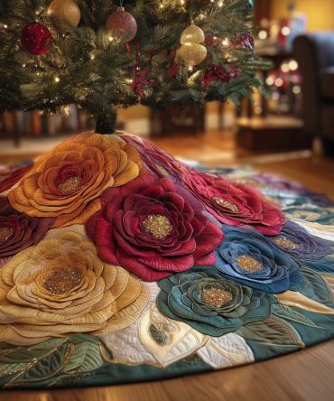 Royal Rose Christmas Tree Skirt - Luxurious Floral Holiday Base Cover, Handcrafted Custom Tree Skirt With Elegant Embroidery