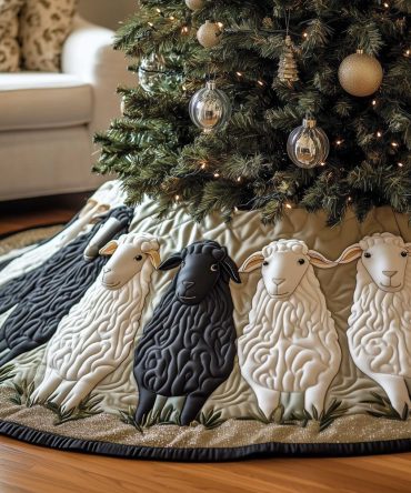 Navy Farmhouse Sheep Christmas Tree Skirt — White & Black Sheep Holiday Quilted Skirt, Custom-Made Rustic Decor
