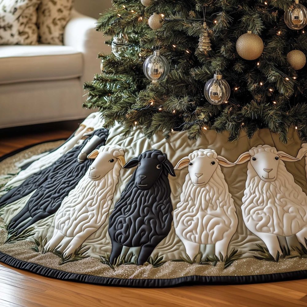 Navy Farmhouse Sheep Christmas Tree Skirt — White & Black Sheep Holiday Quilted Skirt, Custom-Made Rustic Decor