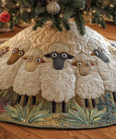 Black-Faced Sheep Holiday Tree Skirt — Handcrafted Pastoral Grass Scene Christmas Skirt, Made To Order