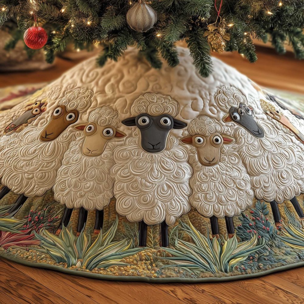 Black-Faced Sheep Holiday Tree Skirt — Handcrafted Pastoral Grass Scene Christmas Skirt, Made To Order