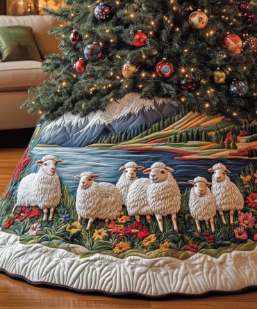 Scenic Mountain Lake Sheep Christmas Tree Skirt — Handcrafted Alpine Farmhouse Holiday Skirt, Custom Made