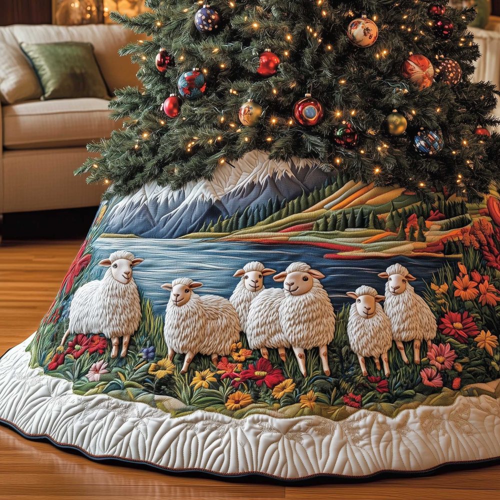 Scenic Mountain Lake Sheep Christmas Tree Skirt — Handcrafted Alpine Farmhouse Holiday Skirt, Custom Made
