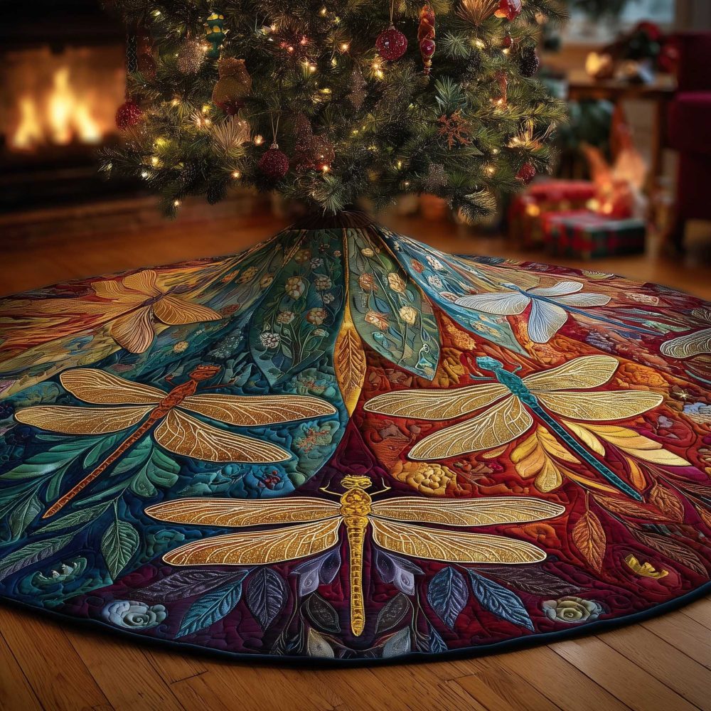 Elegant Dragonfly Christmas Tree Skirt - Handcrafted Nature-Inspired Tree Base Cover, Customizable Holiday Accent, Made To Order