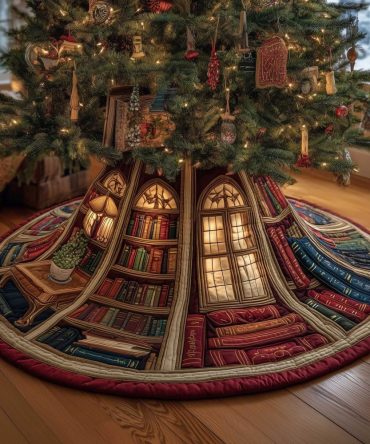 Glowing Window Library Tree Skirt — Bookish Christmas Skirt With Cozy Shelves Scene, Handmade Holiday Decor For Readers & Homes